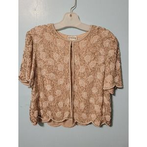 Vintage Sténay Beaded Silk Cardigan. Sz M.  Excellent Cond. Nude With Pearl Trim